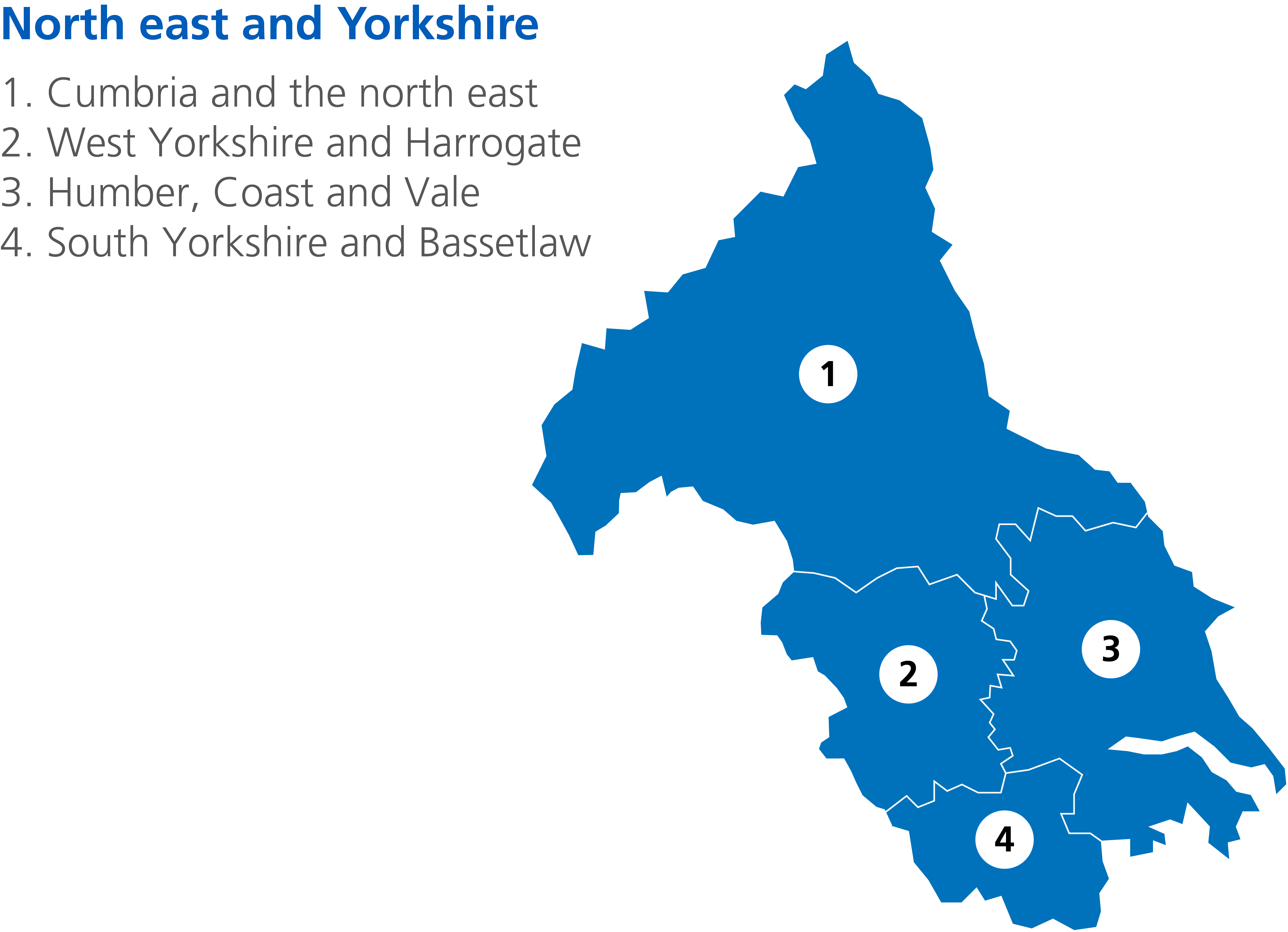About us North East and Yorkshire map. 
1. Cumbria and the North East
2. West Yorkshire and Harrogate
3. Humber, Cost and Vale
4. South Yorkshire and Bassetlaw