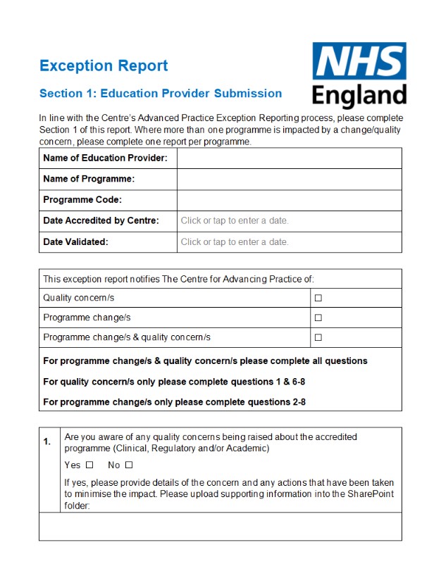 Programme Accreditation Resources: Exception Report Form