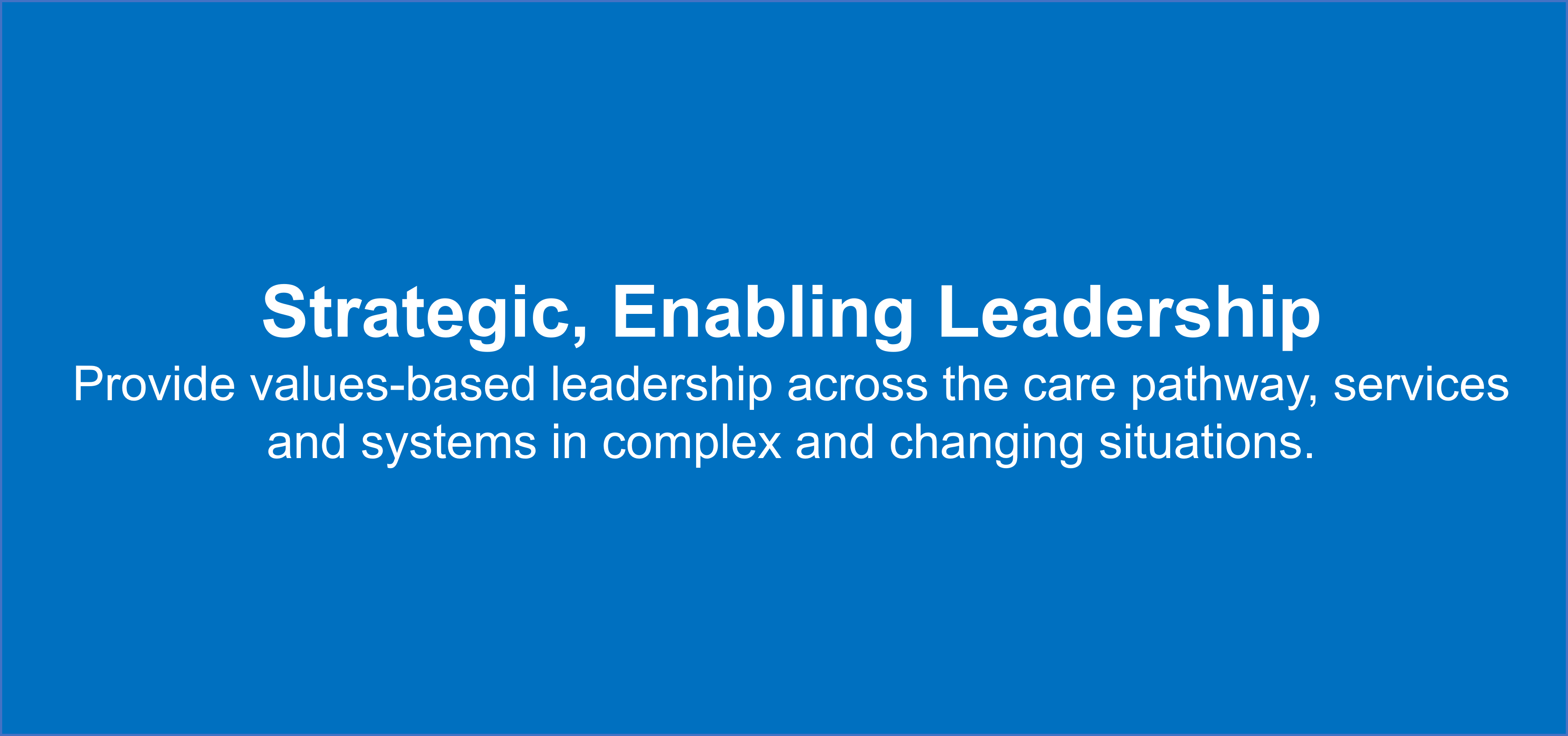 Consultant - Strategic, Enabling Leadership
Provide values-based leadership across the care pathway, services and systems in complex and changing situations.
