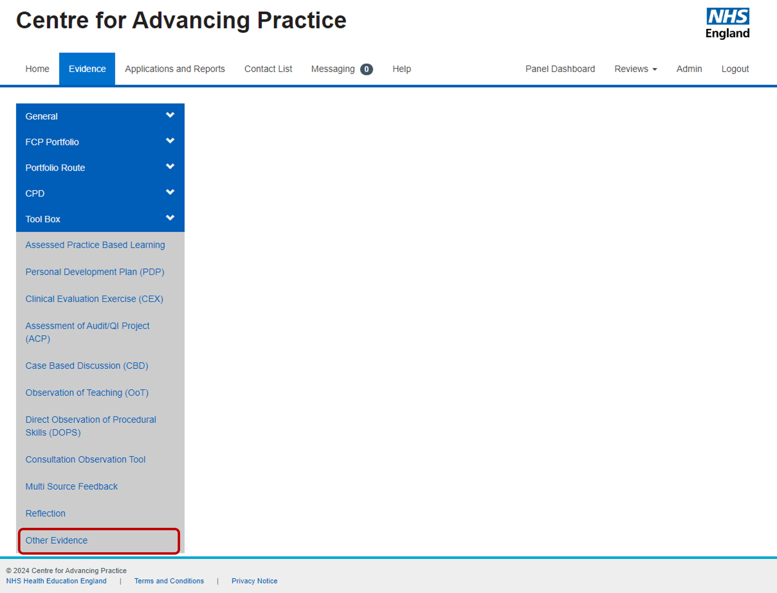 Centre for Advancing Practice Portal - Evidence section showing toolbox