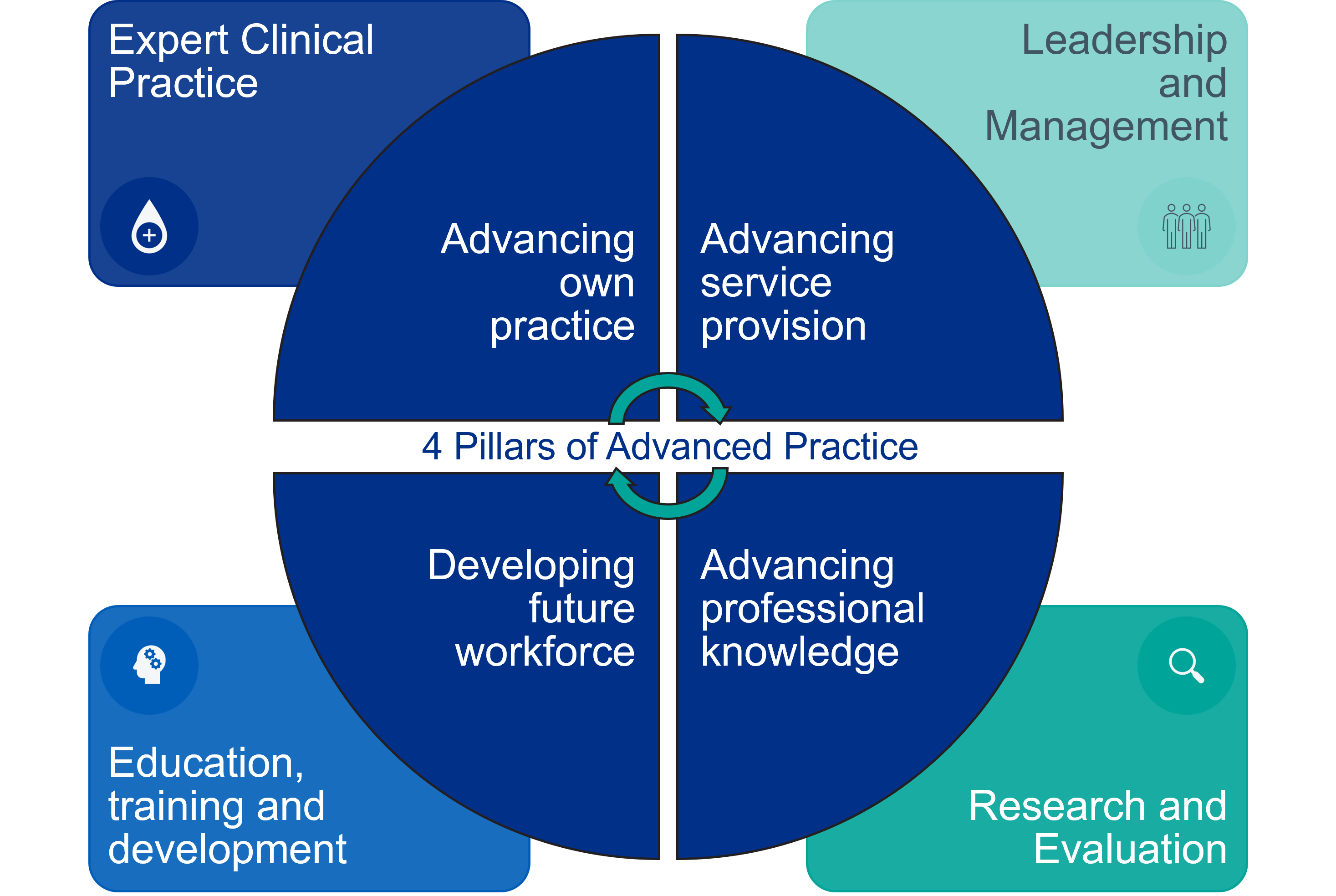 Midwifery Implementation 4 pillars of advanced practice 
Expert Clinical Practice - Advancing own practice

Leadership and Management - Advancing service provision

Education, training and development - Developing future workforce

Research and Evaluation - Advancing professional knowledge






